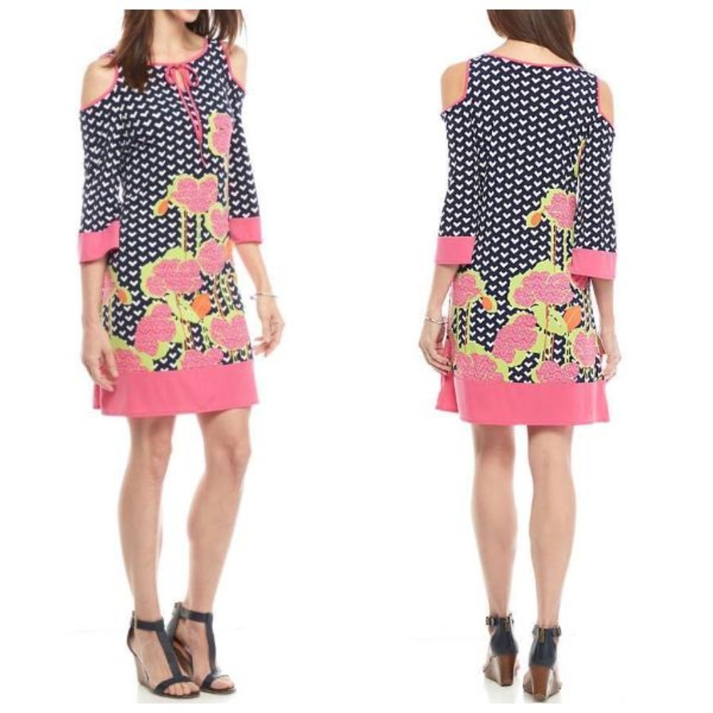 KAARI BLUE Cold Shoulder Shift Dress XS Navy Pink Stretch Knit Preppy Tropical - Picture 2 of 8